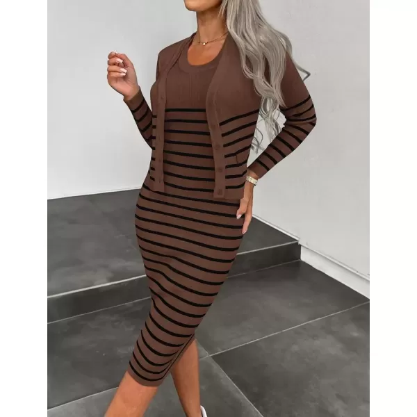 imageZESICA Womens Two Piece Outfits Bodycon Sweater Dress Long Sleeve Cropped Cardigan Striped Fall Knit SetsCoffee