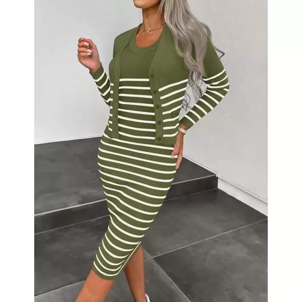 imageZESICA Womens Two Piece Outfits Bodycon Sweater Dress Long Sleeve Cropped Cardigan Striped Fall Knit SetsGreen
