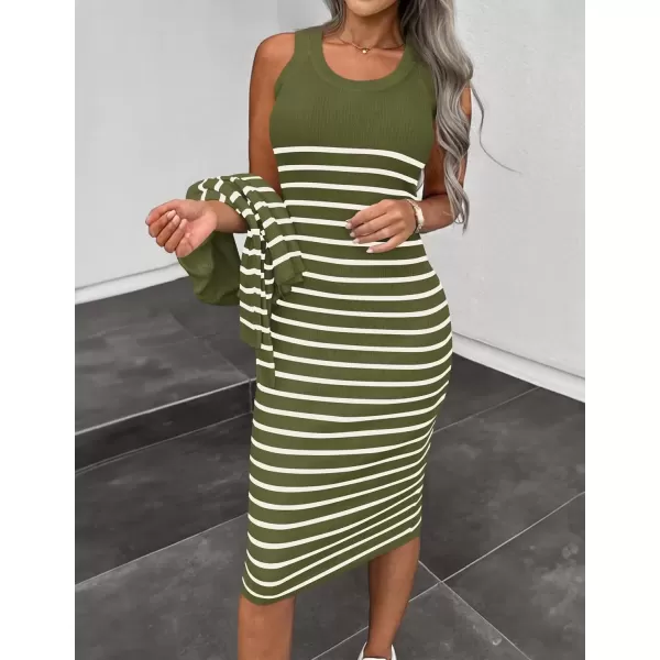 imageZESICA Womens Two Piece Outfits Bodycon Sweater Dress Long Sleeve Cropped Cardigan Striped Fall Knit SetsGreen
