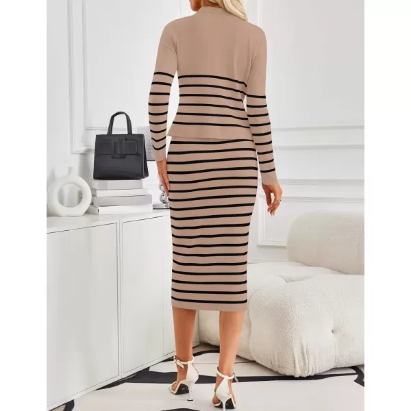 imageZESICA Womens Two Piece Outfits Bodycon Sweater Dress Long Sleeve Cropped Cardigan Striped Fall Knit SetsKhaki