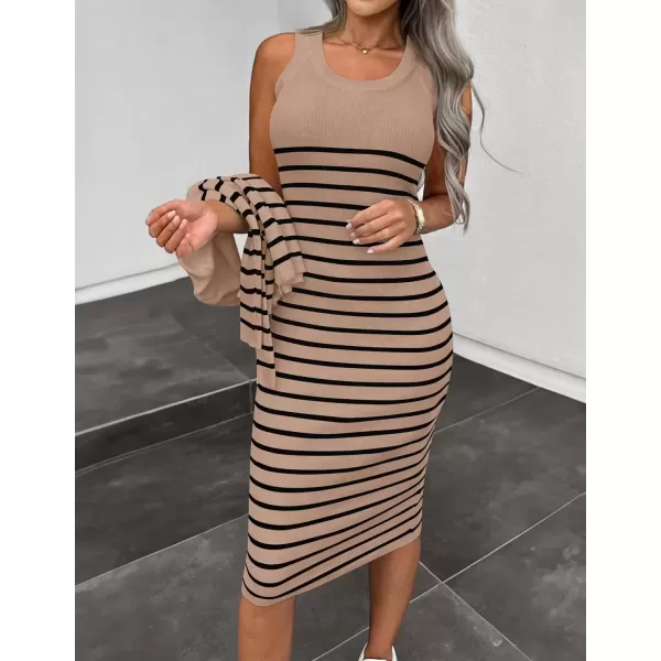 imageZESICA Womens Two Piece Outfits Bodycon Sweater Dress Long Sleeve Cropped Cardigan Striped Fall Knit SetsKhaki