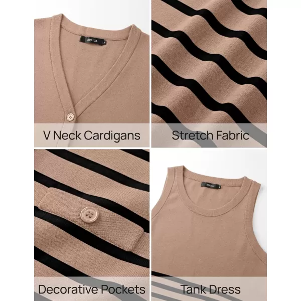 imageZESICA Womens Two Piece Outfits Bodycon Sweater Dress Long Sleeve Cropped Cardigan Striped Fall Knit SetsKhaki