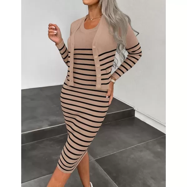 imageZESICA Womens Two Piece Outfits Bodycon Sweater Dress Long Sleeve Cropped Cardigan Striped Fall Knit SetsKhaki