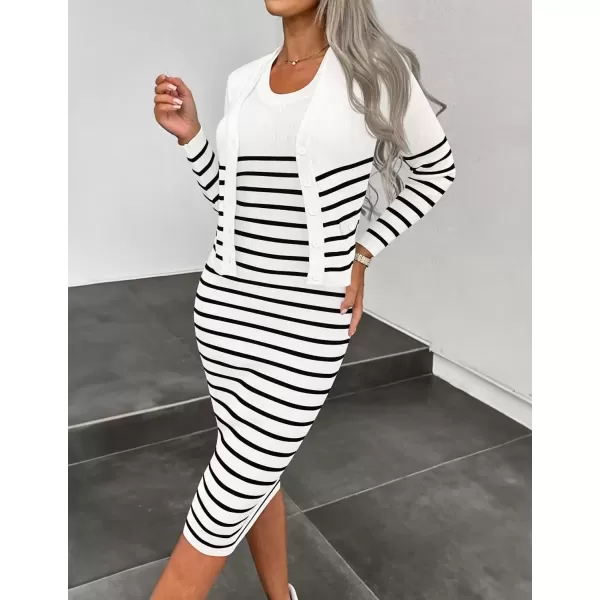imageZESICA Womens Two Piece Outfits Bodycon Sweater Dress Long Sleeve Cropped Cardigan Striped Fall Knit SetsWhite