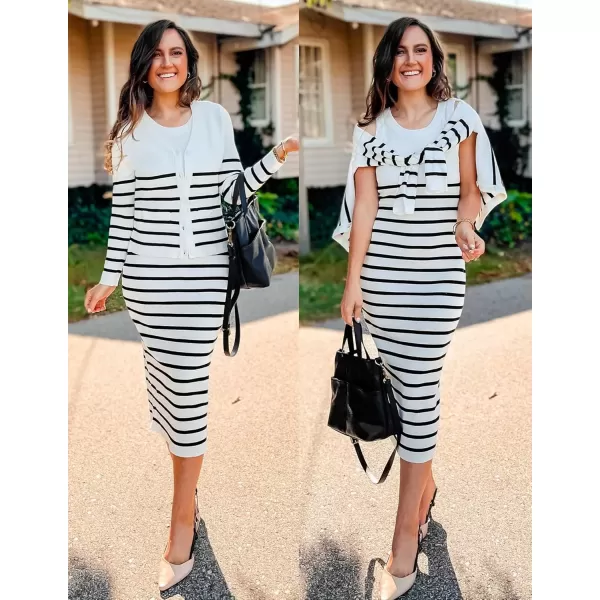 imageZESICA Womens Two Piece Outfits Bodycon Sweater Dress Long Sleeve Cropped Cardigan Striped Fall Knit SetsWhite