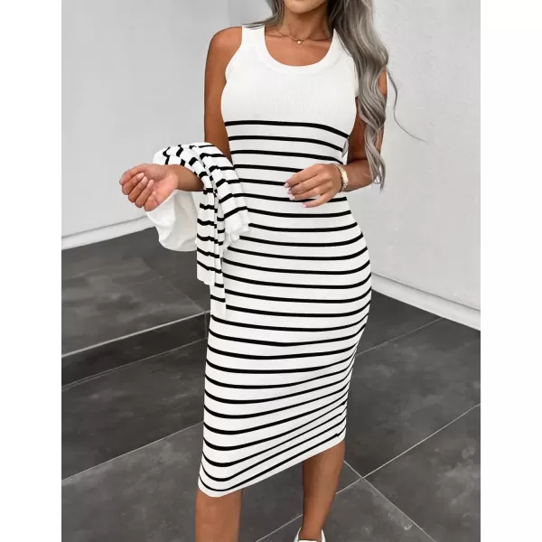 imageZESICA Womens Two Piece Outfits Bodycon Sweater Dress Long Sleeve Cropped Cardigan Striped Fall Knit SetsWhite