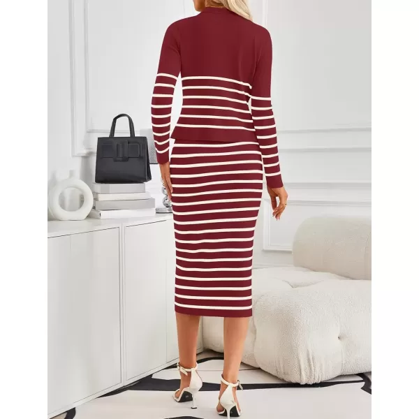 imageZESICA Womens Two Piece Outfits Bodycon Sweater Dress Long Sleeve Cropped Cardigan Striped Fall Knit SetsWine