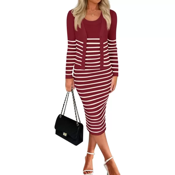 imageZESICA Womens Two Piece Outfits Bodycon Sweater Dress Long Sleeve Cropped Cardigan Striped Fall Knit SetsWine