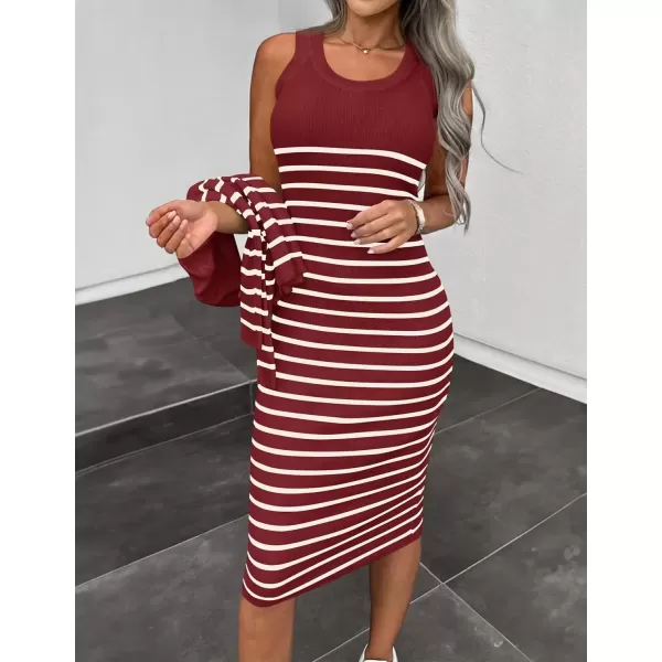 imageZESICA Womens Two Piece Outfits Bodycon Sweater Dress Long Sleeve Cropped Cardigan Striped Fall Knit SetsWine