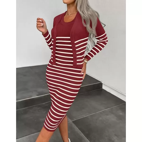 imageZESICA Womens Two Piece Outfits Bodycon Sweater Dress Long Sleeve Cropped Cardigan Striped Fall Knit SetsWine