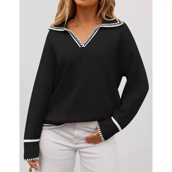 imageZESICA Womens V Neck Sweaters 2024 Fall Long Sleeve Oversized Collar Knit Pullover Jumper TopsBlack