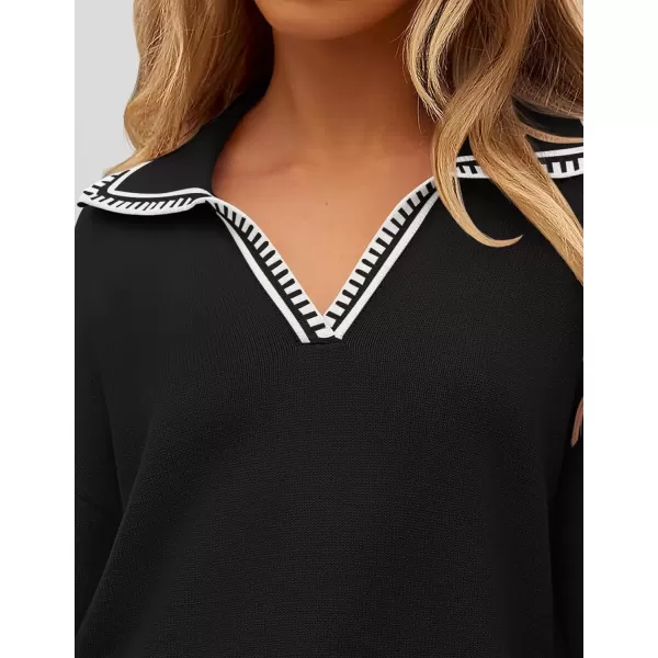 imageZESICA Womens V Neck Sweaters 2024 Fall Long Sleeve Oversized Collar Knit Pullover Jumper TopsBlack