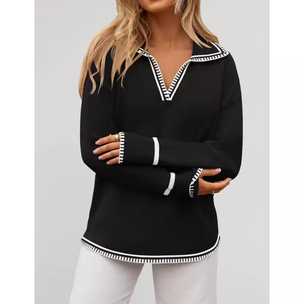 imageZESICA Womens V Neck Sweaters 2024 Fall Long Sleeve Oversized Collar Knit Pullover Jumper TopsBlack