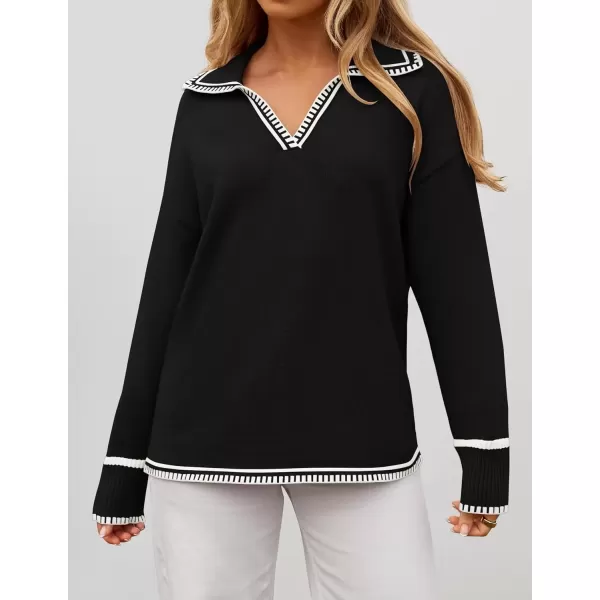 imageZESICA Womens V Neck Sweaters 2024 Fall Long Sleeve Oversized Collar Knit Pullover Jumper TopsBlack