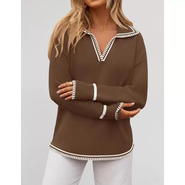 imageZESICA Womens V Neck Sweaters 2024 Fall Long Sleeve Oversized Collar Knit Pullover Jumper TopsBrown