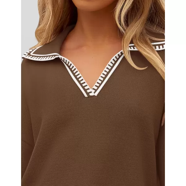 imageZESICA Womens V Neck Sweaters 2024 Fall Long Sleeve Oversized Collar Knit Pullover Jumper TopsBrown