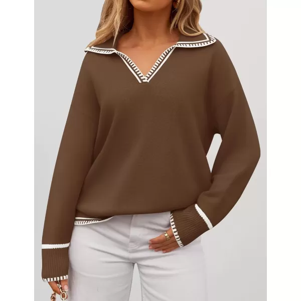 imageZESICA Womens V Neck Sweaters 2024 Fall Long Sleeve Oversized Collar Knit Pullover Jumper TopsBrown