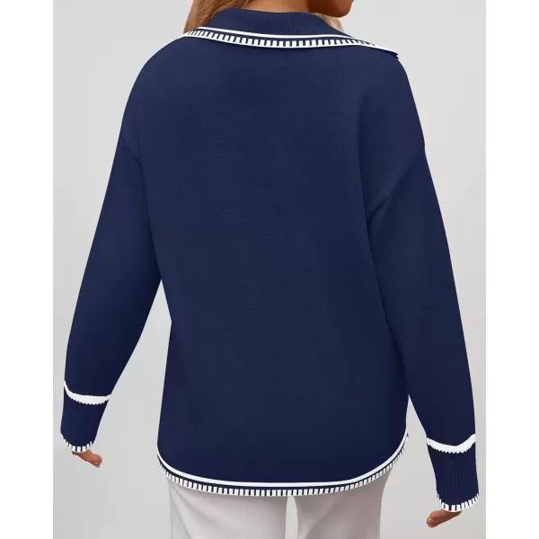 imageZESICA Womens V Neck Sweaters 2024 Fall Long Sleeve Oversized Collar Knit Pullover Jumper TopsNavy
