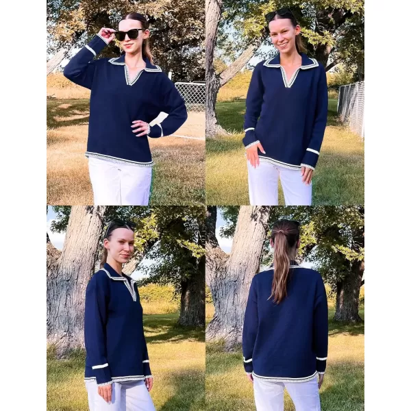 imageZESICA Womens V Neck Sweaters 2024 Fall Long Sleeve Oversized Collar Knit Pullover Jumper TopsNavy