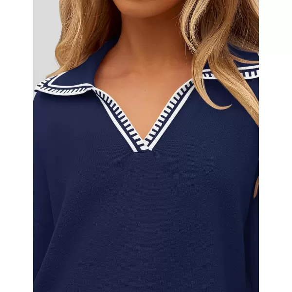 imageZESICA Womens V Neck Sweaters 2024 Fall Long Sleeve Oversized Collar Knit Pullover Jumper TopsNavy