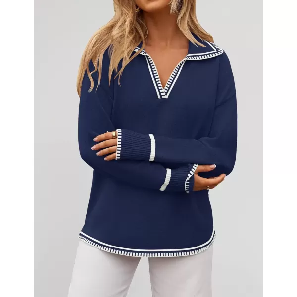 imageZESICA Womens V Neck Sweaters 2024 Fall Long Sleeve Oversized Collar Knit Pullover Jumper TopsNavy