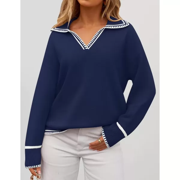 imageZESICA Womens V Neck Sweaters 2024 Fall Long Sleeve Oversized Collar Knit Pullover Jumper TopsNavy