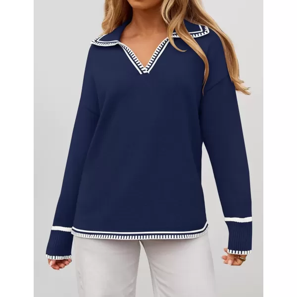 imageZESICA Womens V Neck Sweaters 2024 Fall Long Sleeve Oversized Collar Knit Pullover Jumper TopsNavy