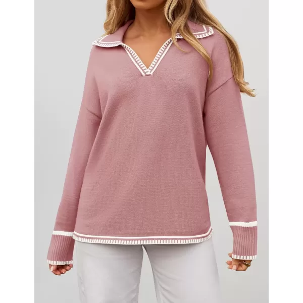 imageZESICA Womens V Neck Sweaters 2024 Fall Long Sleeve Oversized Collar Knit Pullover Jumper TopsPink