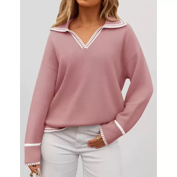 imageZESICA Womens V Neck Sweaters 2024 Fall Long Sleeve Oversized Collar Knit Pullover Jumper TopsPink