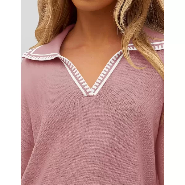 imageZESICA Womens V Neck Sweaters 2024 Fall Long Sleeve Oversized Collar Knit Pullover Jumper TopsPink