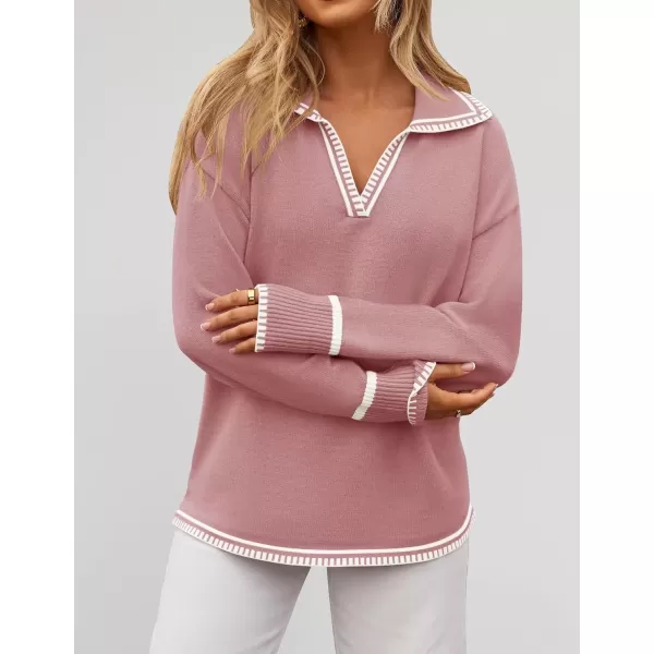 imageZESICA Womens V Neck Sweaters 2024 Fall Long Sleeve Oversized Collar Knit Pullover Jumper TopsPink