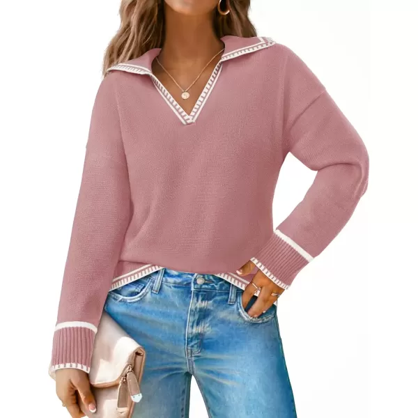 imageZESICA Womens V Neck Sweaters 2024 Fall Long Sleeve Oversized Collar Knit Pullover Jumper TopsPink