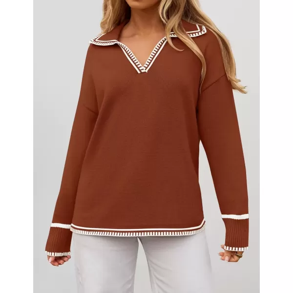 imageZESICA Womens V Neck Sweaters 2024 Fall Long Sleeve Oversized Collar Knit Pullover Jumper TopsRust