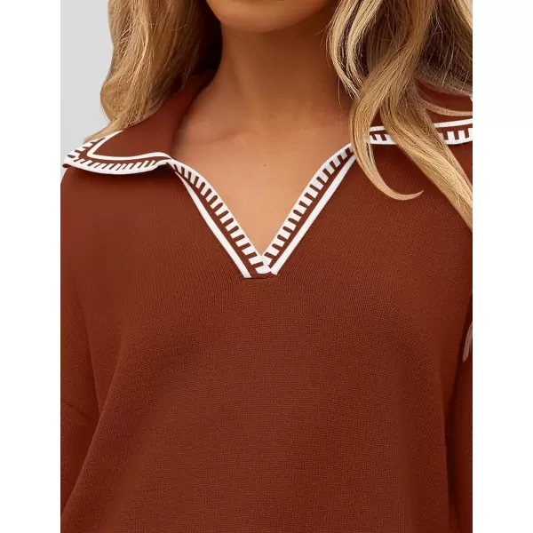 imageZESICA Womens V Neck Sweaters 2024 Fall Long Sleeve Oversized Collar Knit Pullover Jumper TopsRust