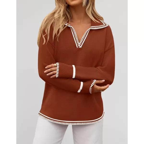 imageZESICA Womens V Neck Sweaters 2024 Fall Long Sleeve Oversized Collar Knit Pullover Jumper TopsRust