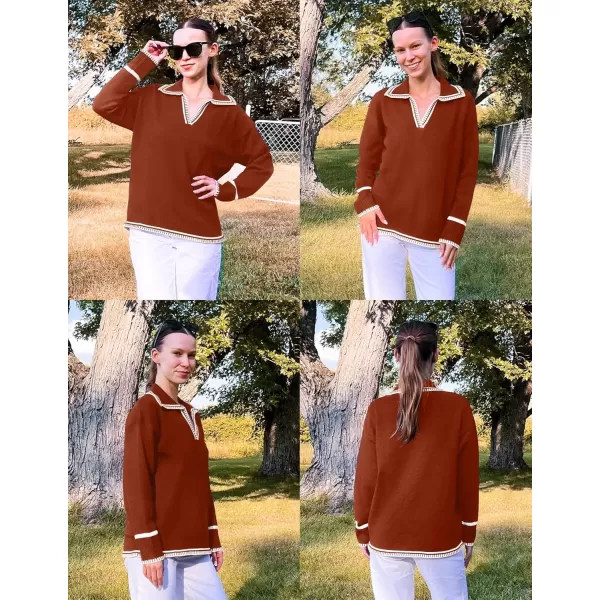 imageZESICA Womens V Neck Sweaters 2024 Fall Long Sleeve Oversized Collar Knit Pullover Jumper TopsRust