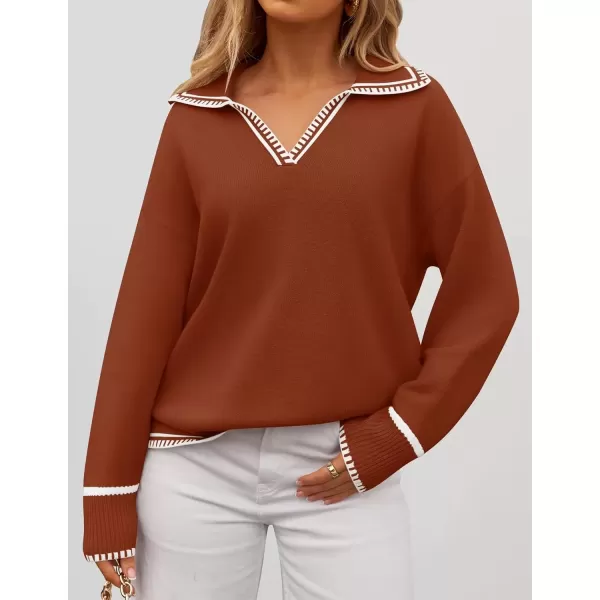imageZESICA Womens V Neck Sweaters 2024 Fall Long Sleeve Oversized Collar Knit Pullover Jumper TopsRust