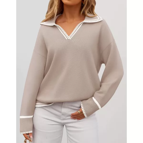 imageZESICA Womens V Neck Sweaters 2024 Fall Long Sleeve Oversized Collar Knit Pullover Jumper TopsSand
