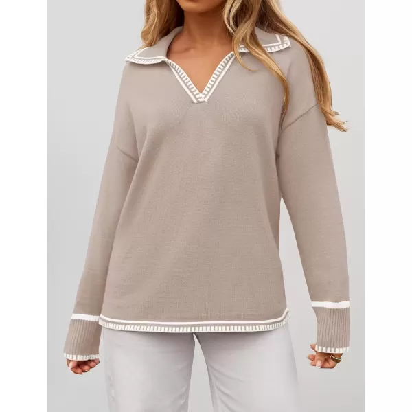 imageZESICA Womens V Neck Sweaters 2024 Fall Long Sleeve Oversized Collar Knit Pullover Jumper TopsSand