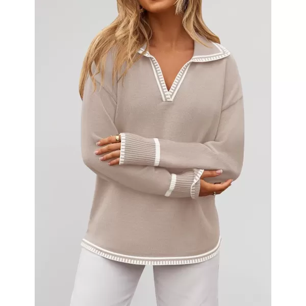 imageZESICA Womens V Neck Sweaters 2024 Fall Long Sleeve Oversized Collar Knit Pullover Jumper TopsSand