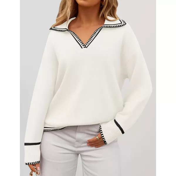 imageZESICA Womens V Neck Sweaters 2024 Fall Long Sleeve Oversized Collar Knit Pullover Jumper TopsWhite