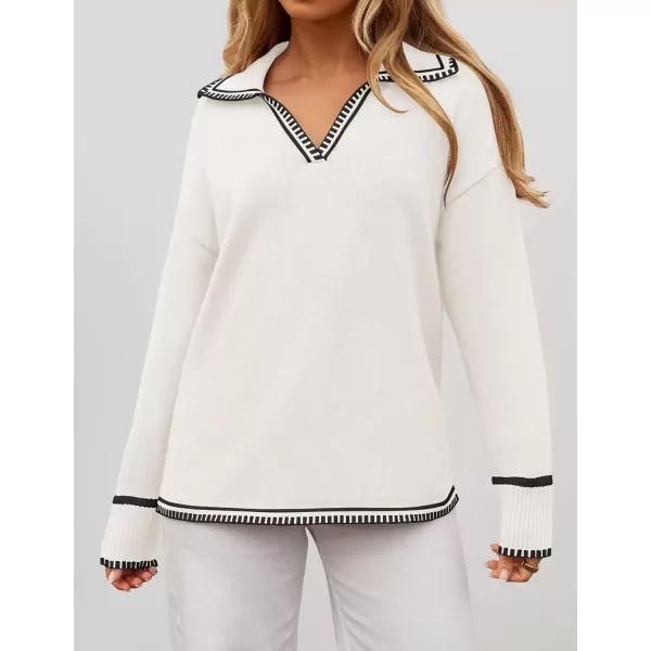 imageZESICA Womens V Neck Sweaters 2024 Fall Long Sleeve Oversized Collar Knit Pullover Jumper TopsWhite