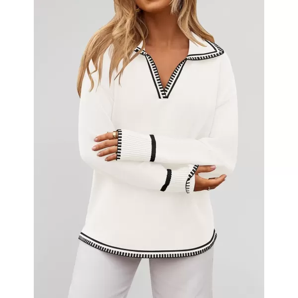 imageZESICA Womens V Neck Sweaters 2024 Fall Long Sleeve Oversized Collar Knit Pullover Jumper TopsWhite
