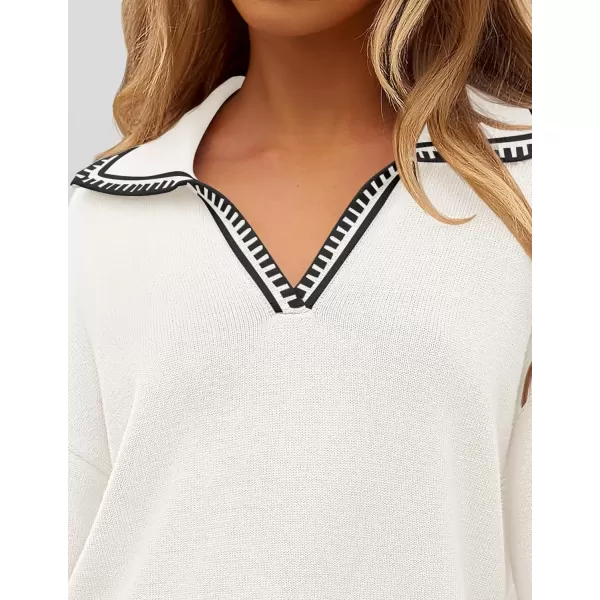 imageZESICA Womens V Neck Sweaters 2024 Fall Long Sleeve Oversized Collar Knit Pullover Jumper TopsWhite