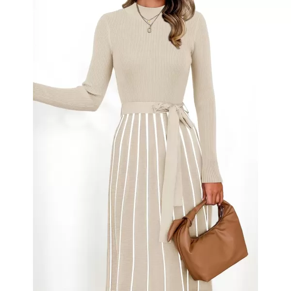 imageZESICA Womens 2024 Fall Turtleneck Long Sleeve Sweater Dress Tie Waist Casual Loose Ribbed Knit A Line Midi DressesApricot