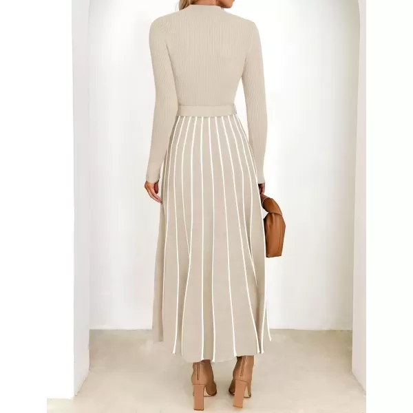 imageZESICA Womens 2024 Fall Turtleneck Long Sleeve Sweater Dress Tie Waist Casual Loose Ribbed Knit A Line Midi DressesApricot