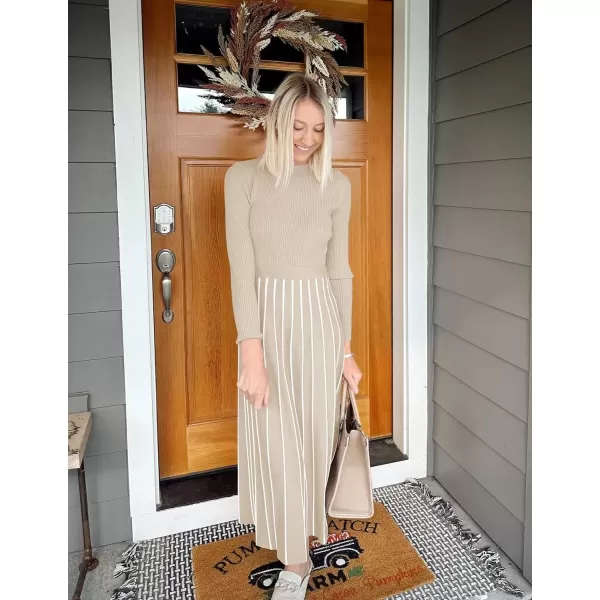 imageZESICA Womens 2024 Fall Turtleneck Long Sleeve Sweater Dress Tie Waist Casual Loose Ribbed Knit A Line Midi DressesApricot