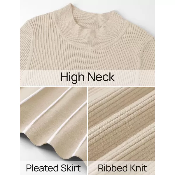 imageZESICA Womens 2024 Fall Turtleneck Long Sleeve Sweater Dress Tie Waist Casual Loose Ribbed Knit A Line Midi DressesApricot