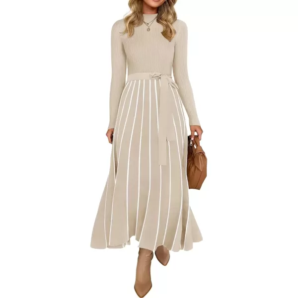 imageZESICA Womens 2024 Fall Turtleneck Long Sleeve Sweater Dress Tie Waist Casual Loose Ribbed Knit A Line Midi DressesApricot