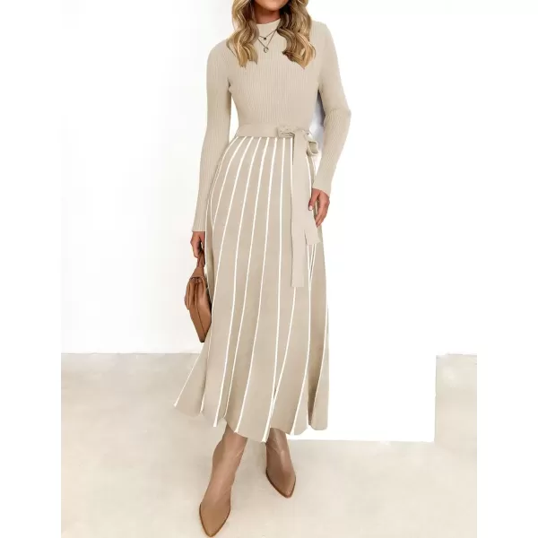 imageZESICA Womens 2024 Fall Turtleneck Long Sleeve Sweater Dress Tie Waist Casual Loose Ribbed Knit A Line Midi DressesApricot